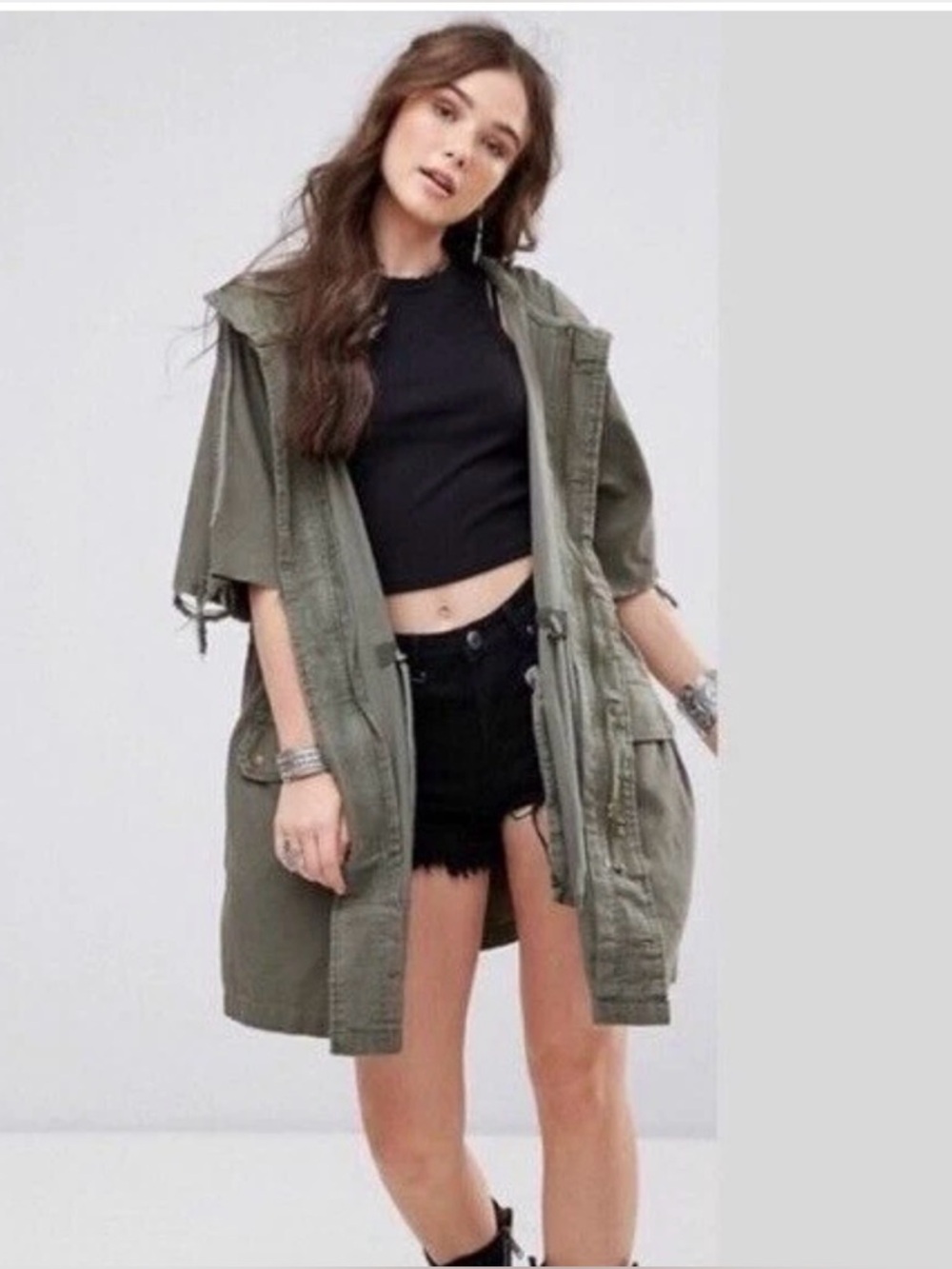 Free People, Oversized Reworked Army Jacket Military Green Short Sleeve NWT